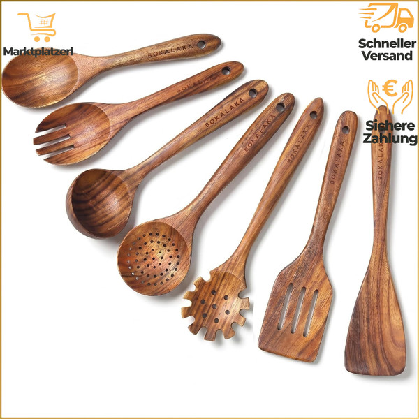 HolzlöFfel Set 7-Teilig KüChenhelfer Holzutensilien Kochutensilien Holzspatel-image