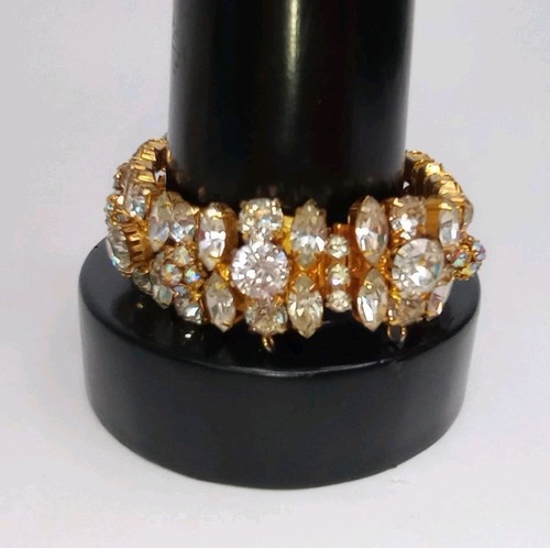 Vintage Kramer Clear Rhinestone & Aurora Borealis Goldtone Bracelet - Picture 2 of 13