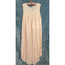Vintage Pink Floral Satin Nightgown Lace Trim Rosette Sleeveless Maxi Sleepwear