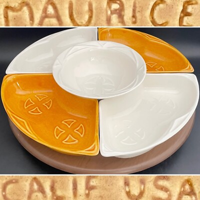 Maurice Ceramics of California White Gold Lazy Susan Snack Set S-14 USA 14''dia