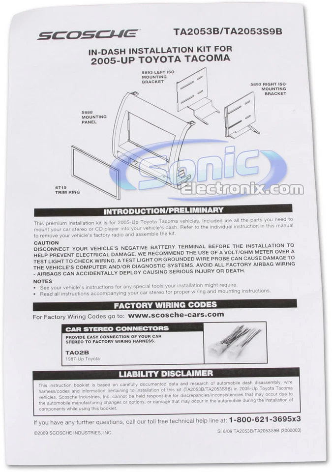 Kit de tablero de instalación doble DIN Scosche TA2053B para Toyota Tacoma 2005-08 Foto 3 de 4