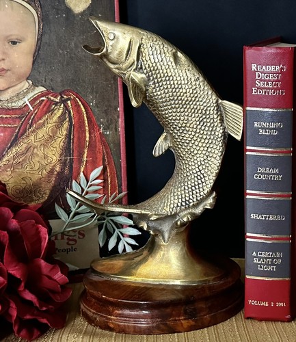 Fish Bookends Solid Brass Bass Fish Carp Vintage Fisherman MCM Fish Book Ends - Picture 5 of 11