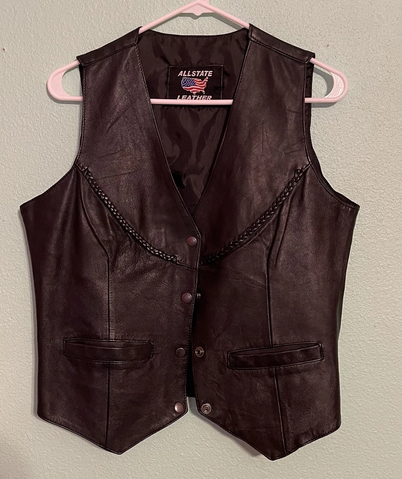"Chaleco delantero a presión negro de cuero Allstate para mujer talla mediana 19"" axila a axila". Foto 2 de 4