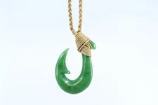 Jade Hawaiian Fish Hook Cord Necklace - Natural Stone, Polynesian, Small Size