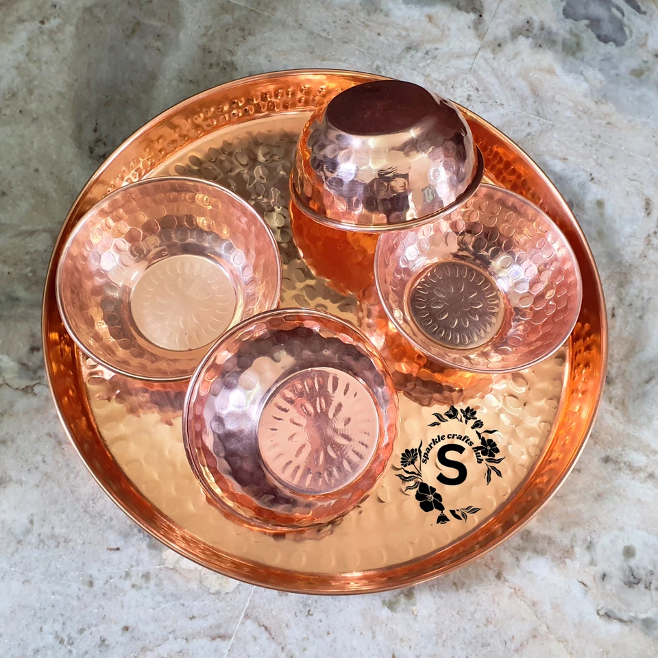 Pure Copper Thali With 4 Serving copper Bowls and 4 Spoon Dinnerware Gifts Sets - Image 3 of 4