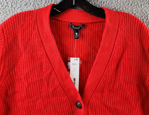 AQUA V-Neck Novelty Stitch Cardigan Womens L Red Orange Deep V-Neck Long Sleeves - Picture 3 of 13
