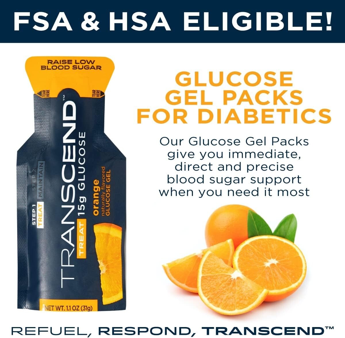 Transcend Glucose Gel Packs Orange Raise Blood Sugar Support 3 Pack