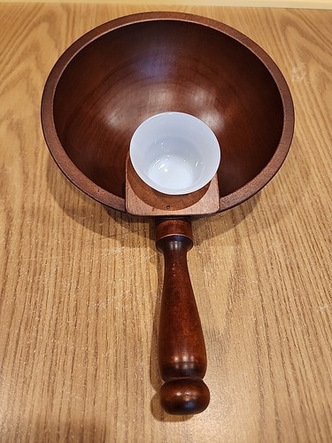 Midcentury Wooden Serving Dish with Handle and Fire King Glass Ramekin
