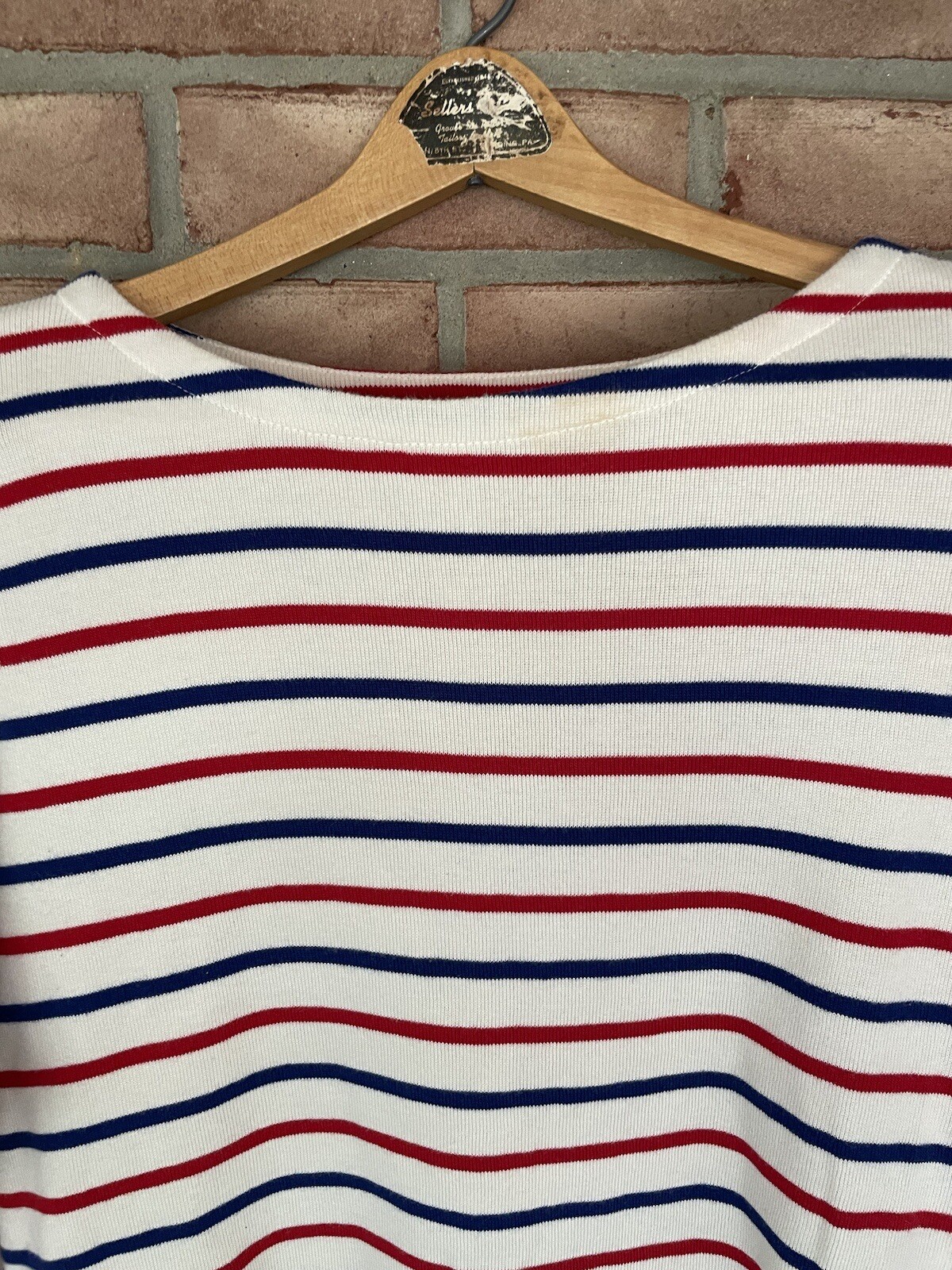 LL Bean women's Off White,Red,Blue striped 3/4 sleeve sweater Size