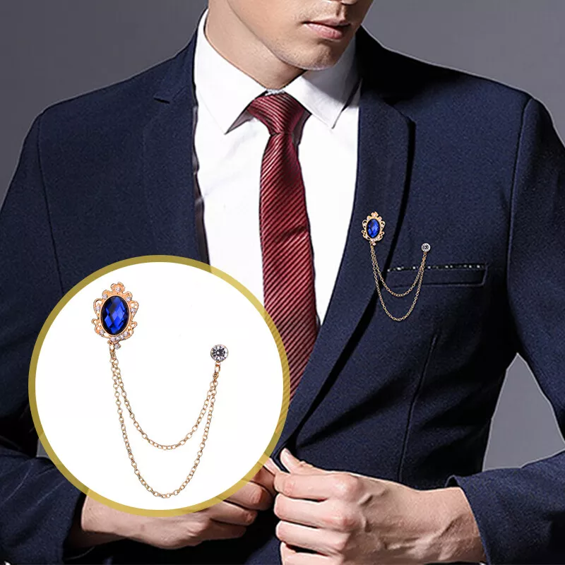 Mens Rhinestone Shirt Wedding Suit Accessory Collar Clip Chain Brooch Lapel  Pin