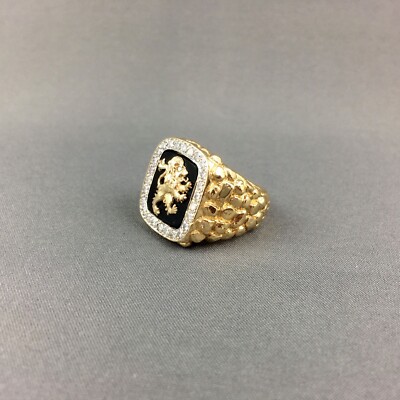  Men's Lion's Crest Diamond 14K Gold / White Nugget & Onyx Signet Ring