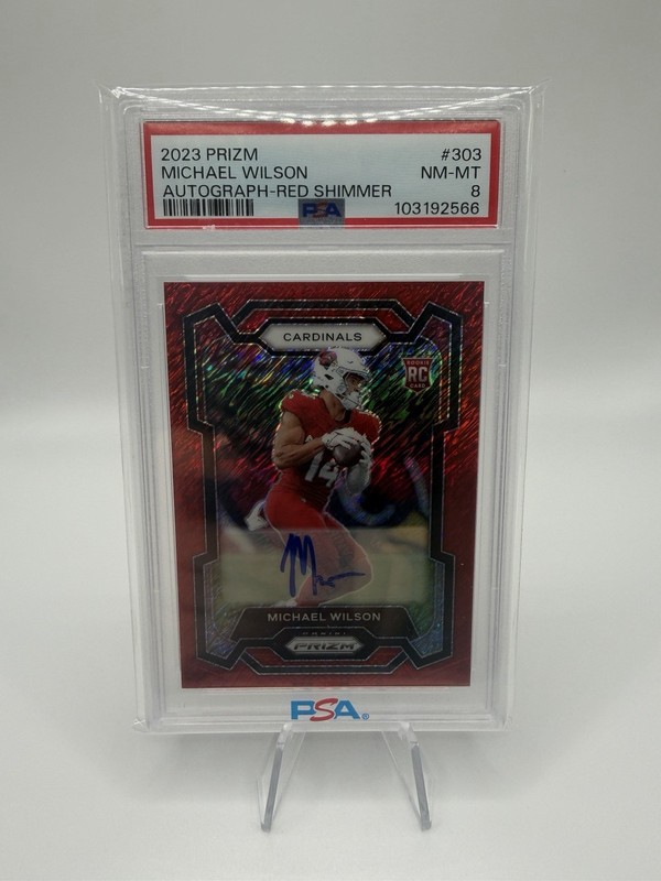 2023 Panini Prizm Michael Wilson Auto RC Red Shimmer #/35 Cardinals PSA 8