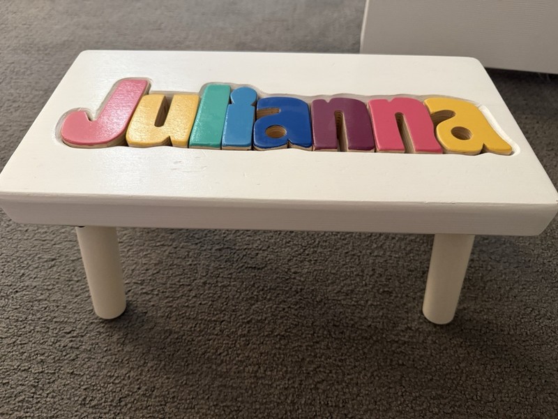 JULIANNA Classic Personalized Puzzle Stool Kids Wood White Letters