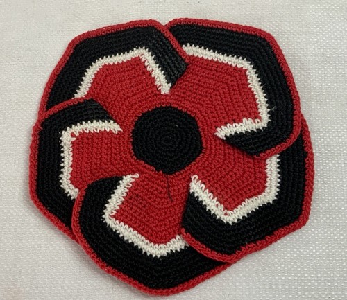 Vintage Hand Crocheted Potholder, Hot Pad, Flower Design, Round, Red, Black