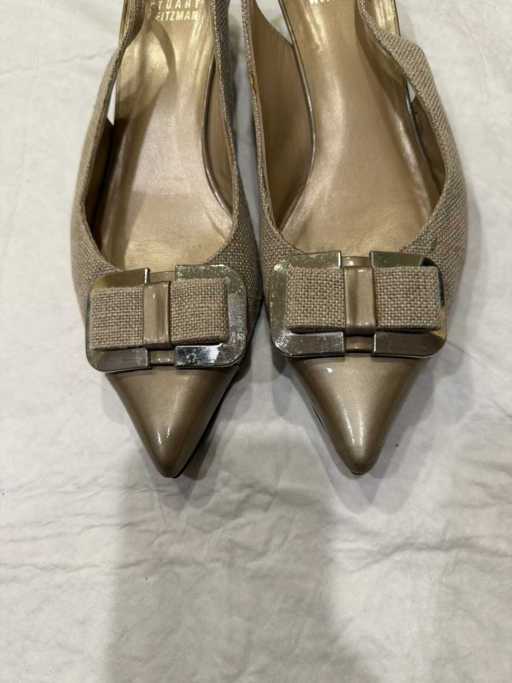 Stuart Weitzman Beige Flax Leather Cap Toe Bow-Buckle Mid-Heel 7,5 M - Image 3 of 4
