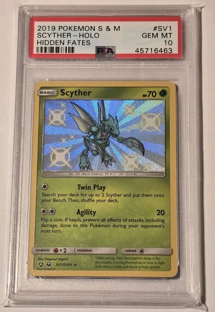 2019 Pokemon Sun & Moon Hidden Fates Scyther Shiny Vault Rare #SV1 PSA 10
