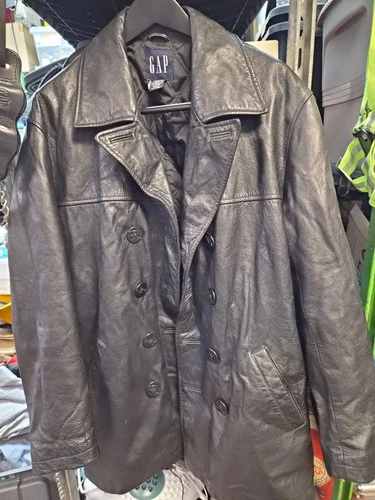 GAP Men's Black Leather Pea Coat Double Breasted Lined Notch Collar Size L - product listing photo