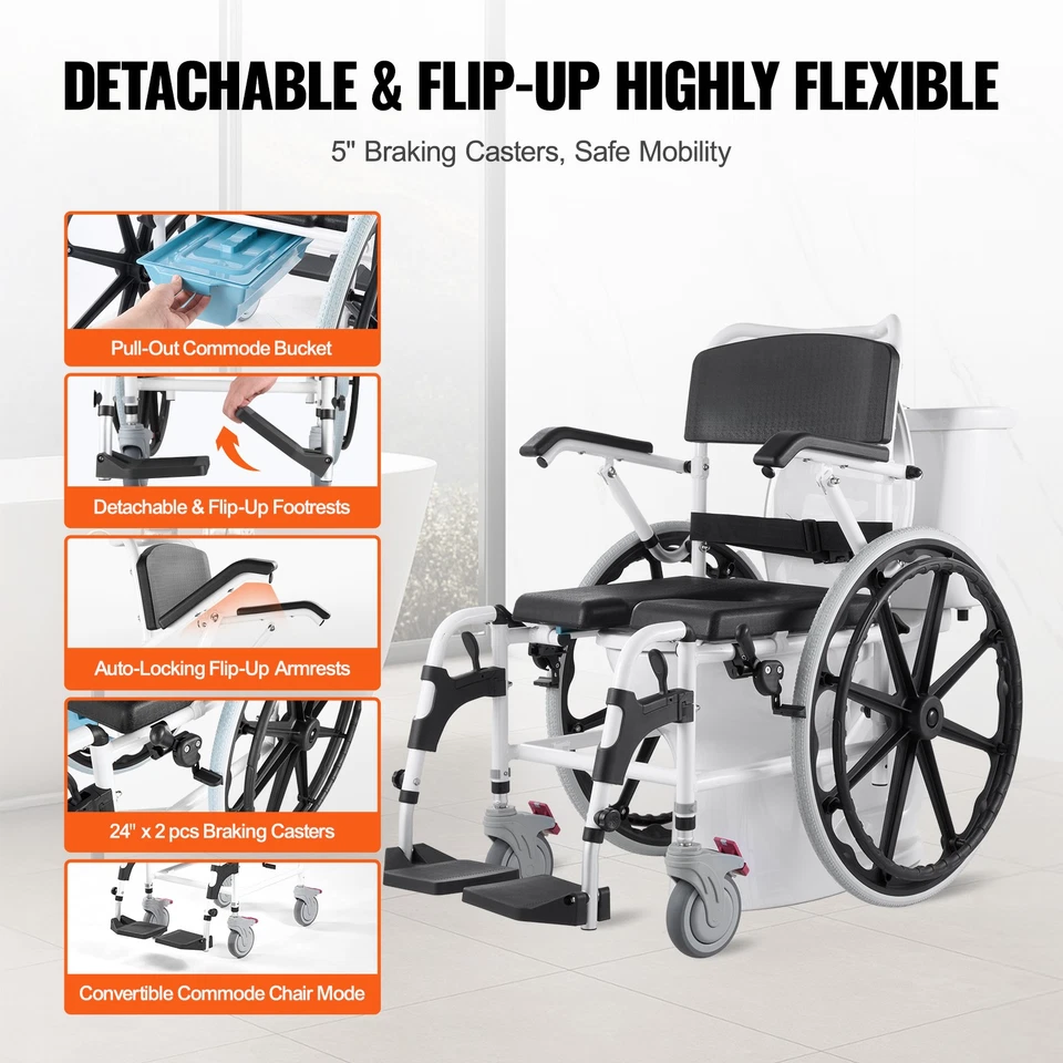 Shower Wheelchair 17.5in Aluminum Alloy Commode Bathroom Wheelchair for Disabled - Image 4 of 4