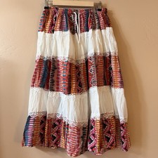 Tiered Patchwork Skirt Vintage Y2k Colorful Ethnic Lace Vacation Beach Medium