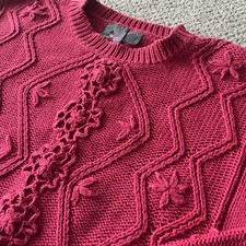 Vintage Liz Wear Cottagecore Red Cotton Cable Knit Granny chunky sweater 90  s L