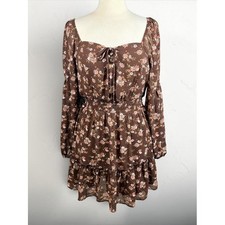 LIVE TO BE SPOILED Y2K Brown Chiffon Pink Floral Long-Sleeve Ruffled Mini Dress