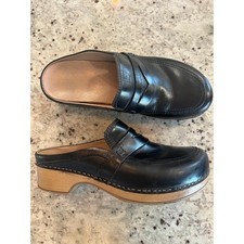 Dansko Black Leather Penny Loafer Clogs Wood Heel Patent Pending Size 38