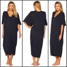 Barefoot Dreams Luxe Milk Jersey Caftan Dress Black V-Neck One Size A293826