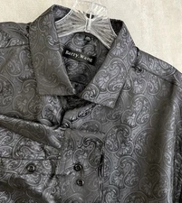Barry Wang Shirt Men’s 2XL Paisley Gray Black Button Up Long Sleeve Silk Blend