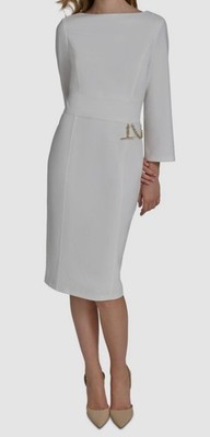 Halston Women's White Round-Neck Embellished Scuba Sheath Dress Size 10