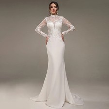 Charming Mermaid Wedding Dresses Long Sleeve High Neck Lace Applique Bridal Gown
