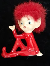 Vintage 1950's Ceramic Pixie Elf Sitting Figurine Pointy Ears Japan RED Fur Hair