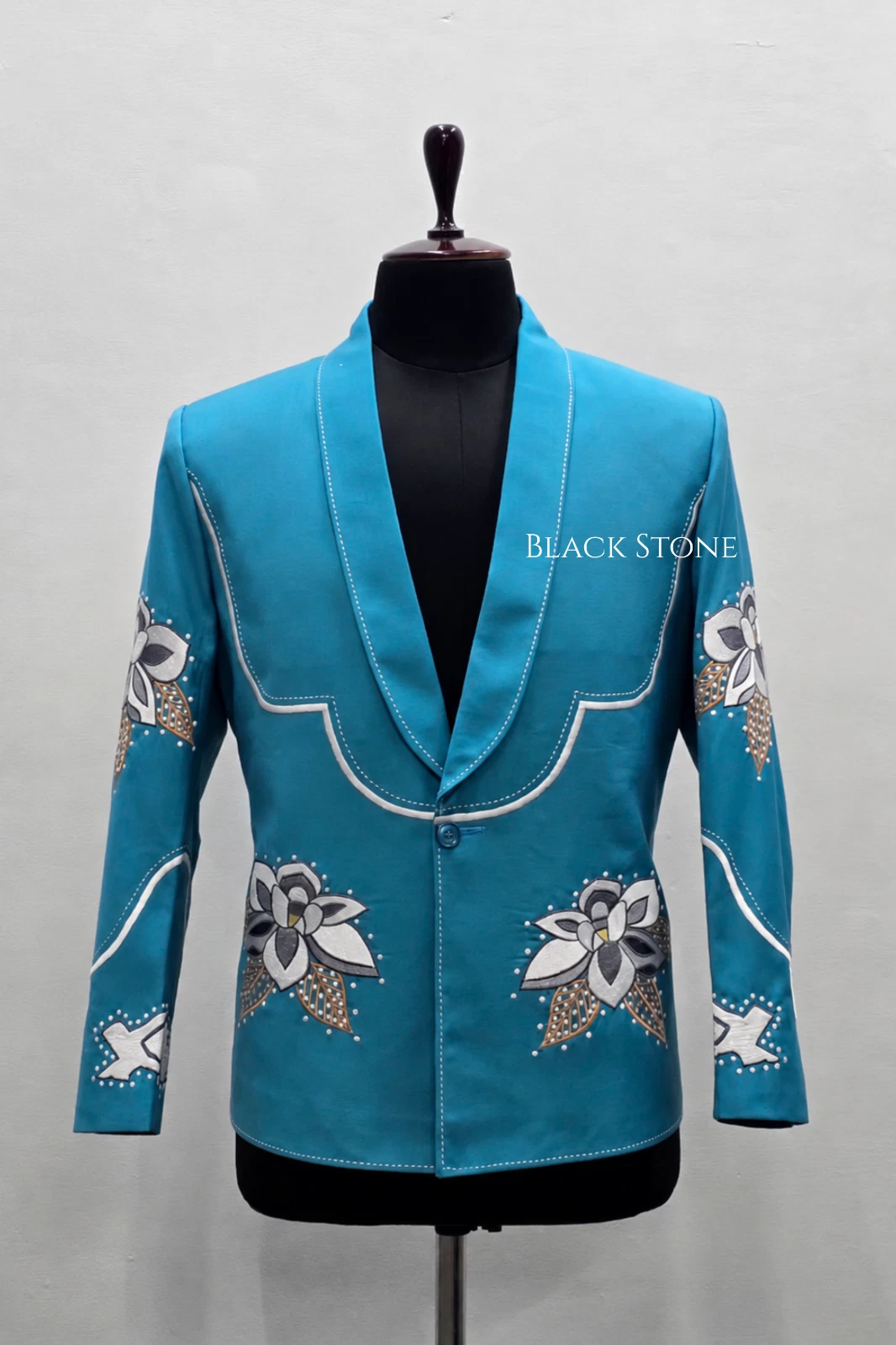 Men 2Pc Sky Blue Groom Wedding Flower Embroider Country Western Nudie Suit