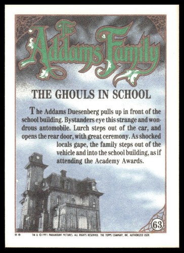 Tarjeta de película 1991 Topps The Addams Family #63 The Ghouls in School, Granny & Lurch - Imagen 2 de 2