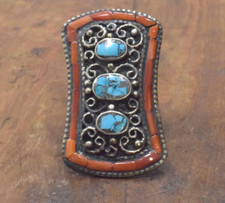 Tibetan Silver Turquoise Coral Rectangular Ring
