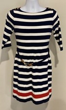 Lauren Ralph Lauren Women's Dress Medium Blue White Striped Belt Gold Buttons