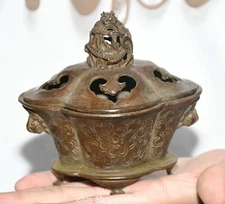 13CM Xuande Dynasty Pure Bronze Dragon Loong Beast Animal Incense Burner Censer