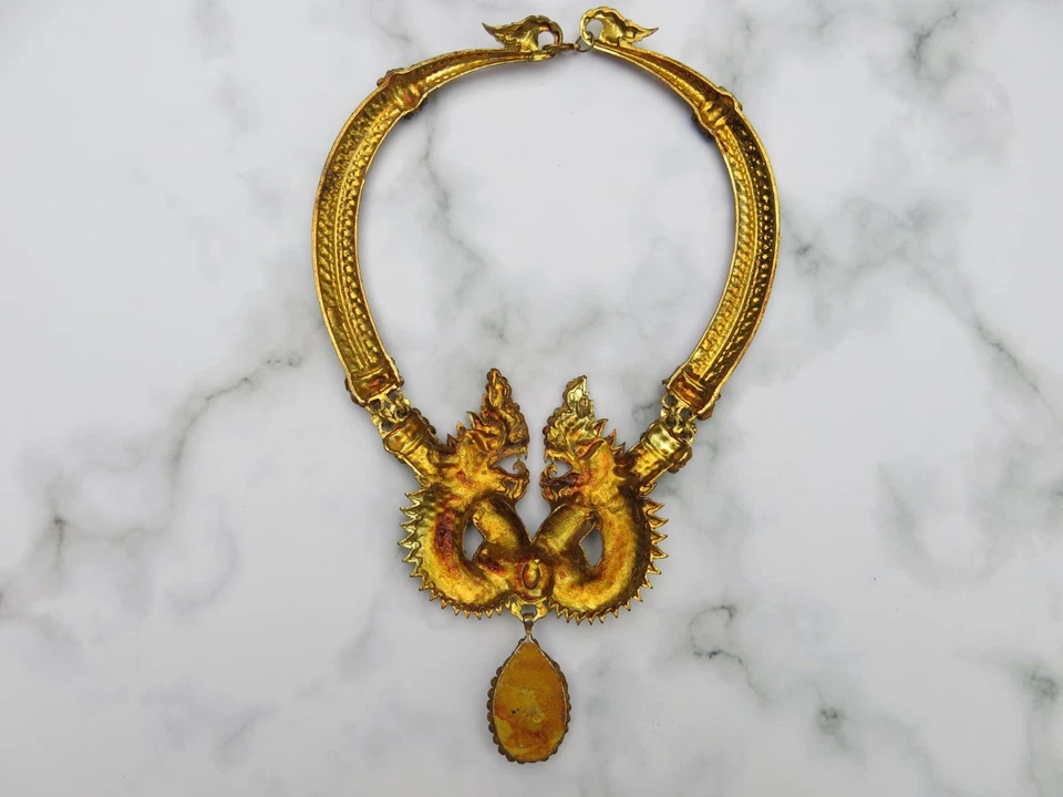 Dragon Necklace Purple Naga Crystal Pendant Multicolor Gemstones Thai Amulet VTG - Image 2 of 4