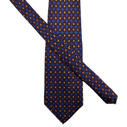 Corbata de seda vintage Polo Ralph Lauren azul con patrón geométrico rojo dorado - Imagen 3 de 9