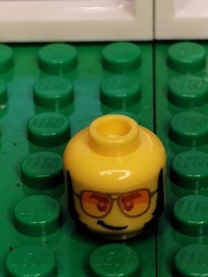 New Lego - Minifigure Head - Orange Glasses, Black Sideburns, Smile, Smirk Gold