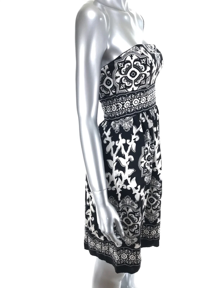 White House Black Market Dress Sz 0 Black White Geometric Strapless Silk Party - Image 3 of 4