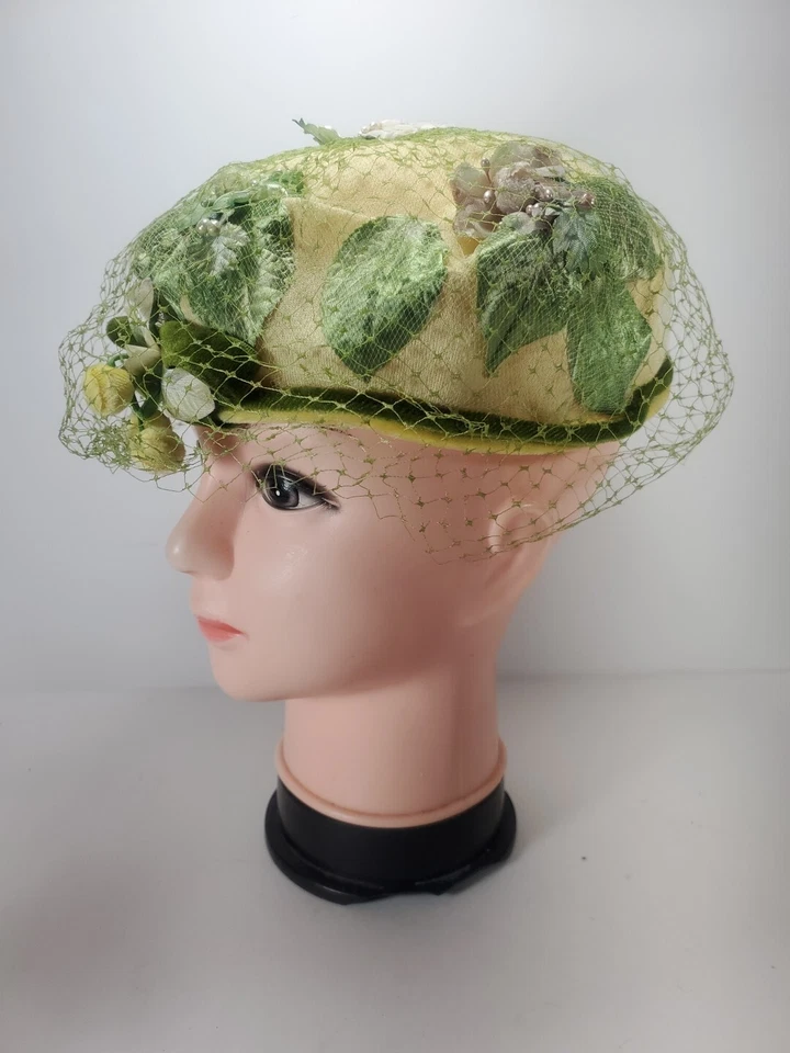 Gorra Pastillero Flores Primavera Años 50 60 Flores Flores Damas De Colección Sombrero Red Verde Foto 3 de 4