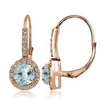 Rose Gold Flashed Sterling Silver Blue Topaz and CZ Round Leverback Earrings