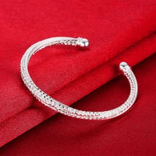 Womens 925 Sterling Silver Diamond Cut Cuff Ball End Open Bangle Bracelet #B480