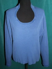 PARISIAN SIGNATURE Blue Silk Blend Rib Knit Sweater Bugle Bead Trim XL Pullover