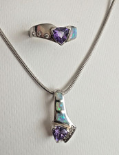 Vintage 925 Silver Amethyst & Blue Fire Opal Inlay Ring Pendant Necklace Set