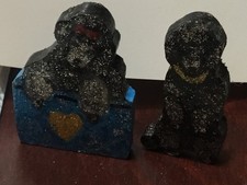2 Handmade Wooden Handpainted BLACK POODLE Free-standing  Sparkly  Magnets/Pins