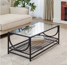 Modern Black Coffee Table Glass Top Metal Frame 2 Tier Storage Shelf Living Room