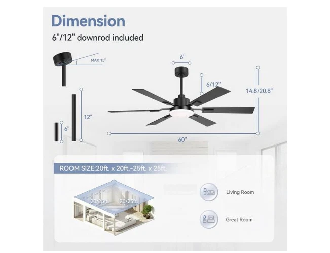 Breezary Larrisa 52" Black Ceiling Fan Integrated LED Light Remote Control - Image 3 of 4
