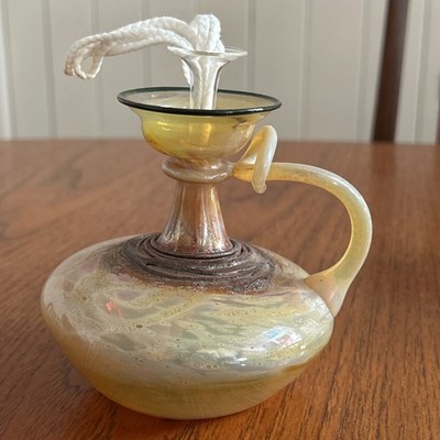 Antik/Vintage Studio Kunst Glas irisierende Öllampe Parfüm Flasche 4'' Docht