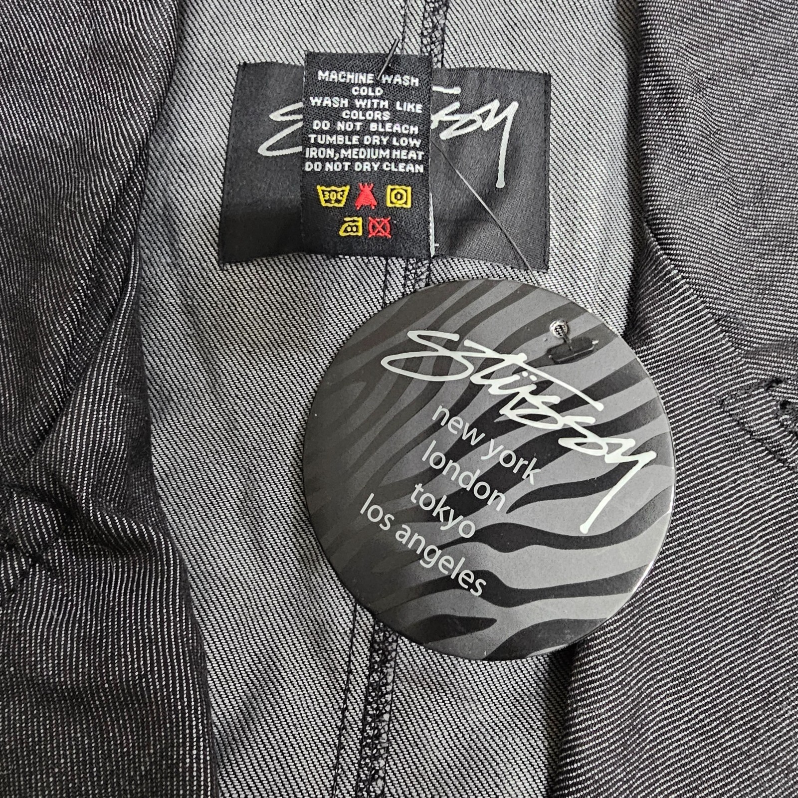 Stüssy women's denim biker jacket black sleeves size S Ryder Crop Moto Jacket thumbnail 13